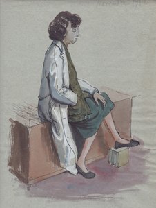 Sitzende Frau im weißen Mantel, 1952 von Shirley Markham