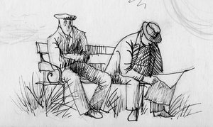 Zwei Männer auf einer Bank, ca. 1950