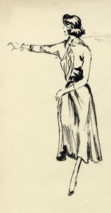 Frau im weiten Rock mit ausgestrecktem Arm, ca. 1950