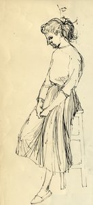 Frau, die auf einem Hocker sitzt, ca. 1950