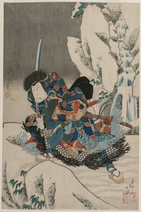Nakamura Utaemon IV als Krieger im Schnee stehend