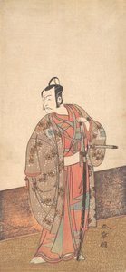 Der Schauspieler Ichikawa Danjuro V im Haus und vor einer Veranda, ca. 1772