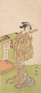 Der Schauspieler Iwai Hanshiro IV in Frauenrolle, stehend neben einer Sänfte, 1726-1792 von Shunsho