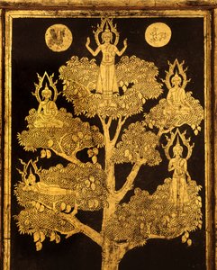 Rückwand eines Manuskriptschranks mit buddhistischen Szenen, wahrscheinlich späte Ayutthaya-Periode