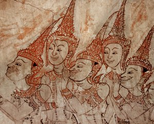 Detail der Wandmalereien, die himmlische Gottheiten zeigen, aus der späten Ayutthaya-Periode