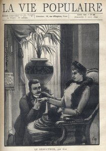 Ein Mann auf den Knien hält die Hand einer eleganten Frau, die in einem bürgerlichen Wohnzimmer sitzt, ihren Mantel, einen Ärmel und einen Pelzschal trägt. Illustration für Le Seducteur par Gyp (Sibylle Gabrielle Marie Antoinette Riquetti de Mirabeau, Gräf von Sibylle Gabrielle de Riquetti de Mirabeau