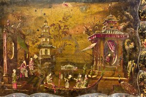Ein Teetisch, Detail der Oberseite mit einer Landschaft mit Szenen aus dem Leben in Nachahmung chinesischer Lacke