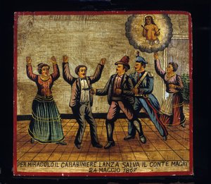 Ex-voto (ex voto) Sizilianisch: „Durch ein Wunder rettet Carabinier Lanza Graf Magri am 24.05.1867“. Darstellung eines Brigantaggio: Ein Räuber zielt mit seiner Pistole auf das Paar Magri, während der Carabinier ihn von hinten überrascht. von Sicilian School