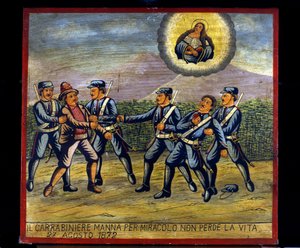 Ex-voto (ex voto) Sizilianisch: „Der Karabiner Manna verliert durch ein Wunder nicht sein Leben am 27.08.1872“. Darstellung eines Banditentums (Brigantaggio): Ein Räuber schoss auf den Karabiner Manna, während die anderen Karabinieri ihn festnahmen. von Sicilian School