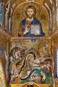 Die Palatinkapelle (Basilika), Südliche Apsis oder St. Pauls "Absidiola", Mosaiken: "Christus Pantokrator" und "Geburt Christi", XII. Jahrhundert