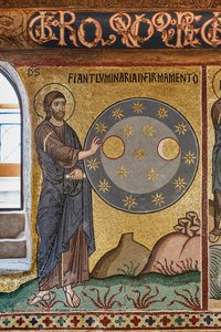 Die Palatinkapelle (Basilika), Mosaikzyklus des Alten Testaments, Zyklus der Schöpfung: "Die Erschaffung der Sterne", XII. Jahrhundert von Sicilian School