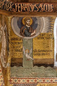 Die Palatinkapelle (Basilika), Mosaikzyklus des Alten Testaments, Zyklus der Schöpfung: "Fiat Lux Gott erschafft das Licht und trennt die Wasser", 12. Jahrhundert von Sicilian School