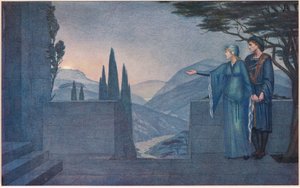 Der Prinz und Elsie. "Ach nicht so bald, sieh dort das Feuer, es ist der Mond, der langsam über den östlichen Hügel aufsteigt" von Sidney Meteyard