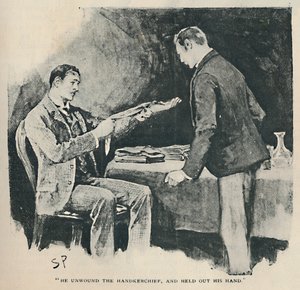 Er wickelte das Taschentuch ab und streckte seine Hand aus, 1892 von Sidney Paget