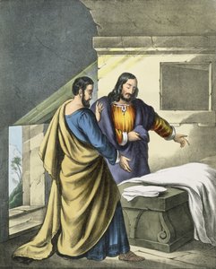 Petrus und Johannes am Grab, aus einer Bibel gedruckt von Edward Gover, 1870er