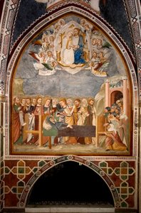 Leben der Jungfrau: „Die Entschlafung und die Himmelfahrt der Jungfrau“. Fresko der Schule von Siena (14. Jahrhundert) Kloster von San Benedetto (Sacro Speco), Kapelle der Jungfrau in Subiaco (Rom), Italien von Sienese School