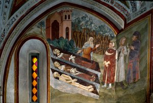 Begegnung der Toten mit den Lebenden (Detail). Fresko der Schule von Siena. 14. Jahrhundert. Kloster von San Benedetto (Sacro Speco), Treppenhaus, Subiaco (Rom), Italien von Sienese School