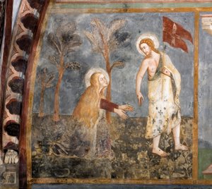 Noli me tangere (Berühre mich nicht). Fresko der Schule von Siena. 14. Jahrhundert. Obere Kirche. Kloster von Saint Benedetto (Sacro Speco), Subiaco (Rom), Italien