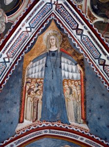 Darstellung der Jungfrau Maria, Mutter der Kirche. Fresko der Kapelle der Jungfrau, geschaffen von der Schule von Siena im 14. Jahrhundert - Kloster St. Benedetto (Sacro Speco), Subiaco (Rom), Italien