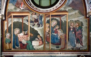 Die Geburt und Anbetung der Heiligen Drei Könige Fresko der Schule von Siena. 14. Jahrhundert. Kapelle der Jungfrau. Kloster von Saint Benedetto (Sacro Speco), Subiaco (Rom), Italien von Sienese School