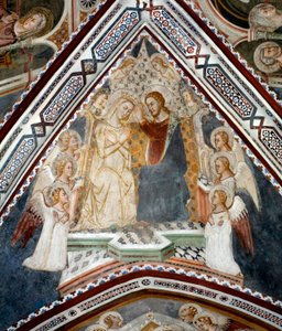 Die Krönung der Jungfrau. Fresko der Kapelle der Jungfrau, ausgeführt von der Schule von Siena im 14. Jahrhundert - Kloster von San Benedetto (Sacro Speco), Subiaco (Rom), Italien von Sienese School