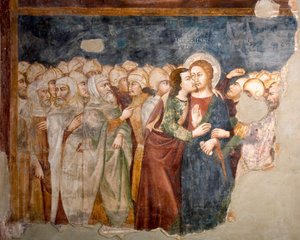 Der Kuss des Judas. Fresko der Schule von Siena. 14. Jahrhundert. Obere Kirche. Kloster von San Benedetto (Sacro Speco), Subiaco (Rom), Italien