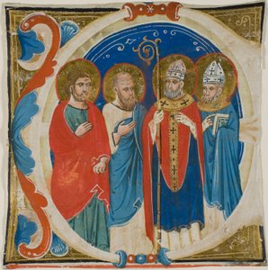 Zwei Heilige und zwei Bischöfe in einem historisierten Initial "E" aus einem Chorbuch