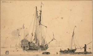 Hafenszene mit Schiffen und Fischer