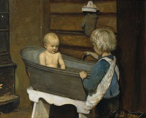 Kinder spielen in einer Waschwanne