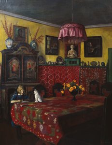 Interieur mit Mädchen und Katze