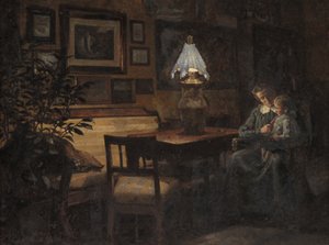 Abendinterieur. Mutter und Kind