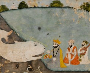 Guru Nanak mit Bala, Mardana und dem großen Fisch (Vishnu in Matsyavatara) von Sikh School