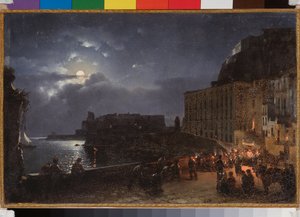 Der Kai Santa Lucia in Neapel (Italien), eine Vollmondnacht