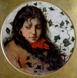 Efeu (Porträt einer jungen Frau mit melancholischem Ausdruck, Gesicht umgeben von Efeublättern) von Silvestro Lega