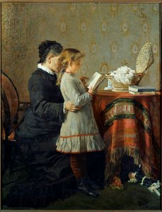 Lesestunde. Eine Krankenschwester bringt einem kleinen Mädchen das Lesen bei. Gemälde von Silvestro Lega (1826-1895) von Silvestro Lega