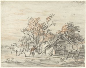 Bauernhaus mit einem Bauern, der sein Pferd dressiert von Simon Andreas Krausz