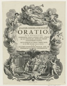 Minerva krönt einen jungen Mann mit einer Urkunde Titelblatt für: J.G. Slegt, Oratio, qua adseritur, Nimrodum falso patrem Nini (...), 1747