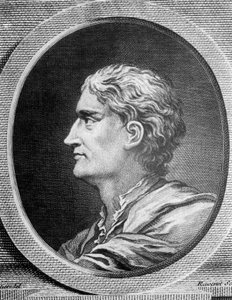 Porträt von Isaac Newton, englischer Physiker und Mathematiker, Gravur von Simon Francois Ravenet
