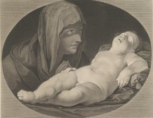 Die Jungfrau im Gebet, das schlafende Jesuskind betrachtend, in einem ovalen Rahmen, nach Reni von Simon Francois Ravenet