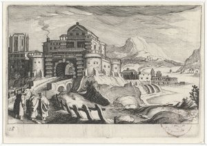 Emmausjünger vor einem Stadttor in einer Berglandschaft von Simon Frisius