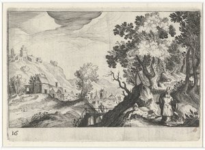 Hügellandschaft mit dem barmherzigen Samariter von Simon Frisius
