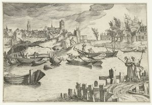 Flusslandschaft mit einer Stadt im Hintergrund von Simon Frisius