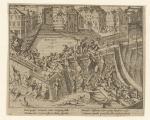 Spanische Furie: Einwohner flüchten in die Schelde, 1576 von Simon Frisius