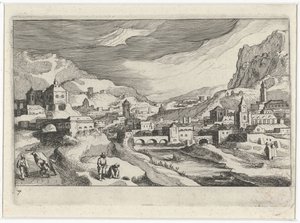 Stadtansicht in einem Flusstal von Simon Frisius