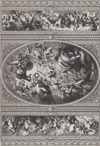 Die Apotheose von James I in einem ovalen Zentrum, Friese mit Putti und Girlanden