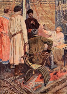 Richard Löwenherz richtete sich in seinem Bett auf und nahm einen Becher in die Hand, Illustration für 