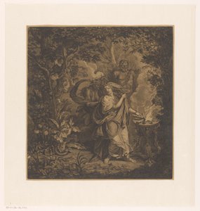 Mythologische Szene mit einer opfernden Königin im Wald, möglicherweise Althaea, und drei Gorgonen von Simon Henri Thomassin