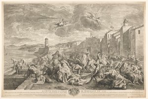 Opfer der Beulenpest werden in La Tourette, Marseille, entfernt. Die Pest in der Stadt Marseille im Jahr 1720 (Titel auf dem Objekt)