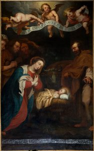 Pfarrkirche (Parochiekerk Sint-Laurentius). Innenraum. Nordschiff. Der Altar. Gemälde. "Die Geburt Christi". signiert Simon de Pape. 1666.