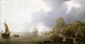 Boote in den flachen Gewässern einer felsigen Bucht, eine romantische und idealisierte Vision